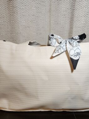 Women's Cream Tote Bag with Decorative Black & White Scarf